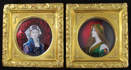 Pierre Bonnaud (1865-1930). A pair of Limoges enamel Art Nouveau circular portrait plaques, both 17cm diam., gilt frames